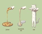  animal annotated avogado6 black_eyes cat cheese_trail colored_sclera commentary disembodied_limb english_text food green_background holding holding_animal holding_cat holding_food longcat original pepperoni pizza simple_background stick white_cat yellow_sclera 