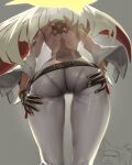  1girl ass ass_focus ass_grab ass_support bodysuit close-up commentary deep_skin eu03 from_behind gloves grabbing_own_ass guilty_gear guilty_gear_xrd hands_on_ass highres jack-o&#039;_valentine long_hair pantylines shiny shiny_clothes silver_hair solo standing symbol_commentary thigh_gap thighs view_between_legs 