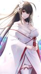  1girl ahoge azur_lane bangs bare_shoulders black_hair blush breasts cleavage collarbone commentary_request hair_between_eyes highres japanese_clothes kimono large_breasts long_hair looking_at_viewer parted_lips red_eyes smile solo taihou_(azur_lane) teeth thighhighs uchikake very_long_hair yorugami_rei 