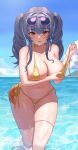  1girl absurdres azur_lane bangs bikini blush breast_hold breasts cleavage collarbone eyebrows_visible_through_hair eyewear_on_head highres large_breasts long_hair onedoo partially_submerged pola_(azur_lane) pola_(seaside_coincidence)_(azur_lane) purple_hair red_eyes side-tie_bikini solo sunglasses swimsuit thighhighs twintails water wet white_legwear yellow_bikini 