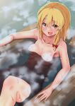  1girl bath blonde_hair breasts commentary_request completely_nude eyebrows_visible_through_hair hair_between_eyes highres kirisame_marisa looking_at_viewer medium_breasts mukkushi nipples nude open_mouth partially_submerged short_hair smile solo steam touhou water wet yellow_eyes 