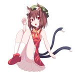  1girl :o animal_ear_fluff animal_ears blush brown_eyes brown_hair cat_ears cat_tail chen claw_pose flat_chest floating full_body furagu gold_trim hand_up hat highres jewelry knees_up looking_at_viewer mob_cap multiple_tails nekomata open_mouth panties red_skirt red_vest short_hair simple_background single_earring skirt solo tail touhou two_tails underwear upskirt vest white_background 