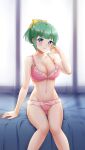  1girl bangs bed_sheet blue_eyes blunt_bangs blurry blurry_background blush bow bra breasts cleavage closed_mouth collarbone doukyuusei_another_world eyebrows_visible_through_hair game_cg green_hair groin hair_bow iijima_miyuki kakyuusei large_breasts lingerie navel official_art panties pink_bra pink_panties ponytail shiny shiny_hair short_hair sitting smile solo thigh_gap underwear underwear_only yellow_bow 