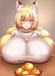  1girl animal_ear_fluff animal_ears blonde_hair blush breast_rest breasts food fox_ears fox_tail fruit grey_background huge_breasts looking_at_viewer mandarin_orange multiple_tails no_hat no_headwear parted_lips ribbed_sweater short_hair simple_background smile solo sweater tail touhou turtleneck white_sweater wildcat_(kusonemi) yakumo_ran yellow_eyes 