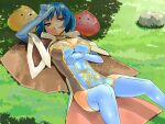  1girl :3 alternate_color bangs blue_dress blue_eyes blue_gloves blue_hair blue_legwear breasts brown_cape brown_dress cape closed_mouth commentary_request day dress drops_(ragnarok_online) elbow_gloves feet_out_of_frame fur-trimmed_cape fur_trim gloves grass high_wizard_(ragnarok_online) large_breasts outdoors poring ragnarok_online rock shade short_dress short_hair slime_(creature) strapless strapless_dress thighhighs two-tone_dress yaten 