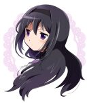  1girl akemi_homura bangs black_hair capelet closed_mouth commentary_request from_side hairband long_hair looking_to_the_side magical_girl mahou_shoujo_madoka_magica profile purple_eyes short_twintails signature solo twintails utsuro_atomo 