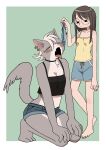  absurd_res anthro blush bottomwear breasts clothed clothing domestic_cat duo ear_piercing eyes_closed eyewear felid feline felis female fish glasses hi_res human mammal marine open_mouth piercing semi shorts 