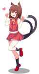  1girl :d absurdres animal_ear_fluff animal_ears bare_shoulders blush bow bowtie brown_eyes brown_hair cat_ears cat_tail chen claw_pose flat_chest full_body furagu hands_up heart highres jewelry looking_at_viewer medium_hair midriff multiple_tails navel nekomata no_hat no_headwear open_mouth red_skirt red_vest simple_background single_earring skirt smile solo standing standing_on_one_leg tail touhou two_tails vest white_background yellow_neckwear 
