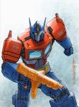  1boy alex_milne autobot clenched_hand commission glowing glowing_eyes gun highres holding holding_gun holding_weapon mecha no_humans optimus_prime orange_eyes science_fiction signature solo transformers weapon 
