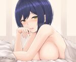  1girl absurdres bangs bed bed_sheet blue_hair blush breasts dated hand_on_own_cheek hand_on_own_face highres large_breasts looking_at_viewer lying mole mole_under_eye naked_sheet nijisanji nude on_stomach open_mouth pillow shizuka_rin short_hair signature smile solo sweat temari_rin under_covers upper_body virtual_youtuber yellow_eyes 