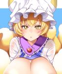  1girl :o animal_ears blonde_hair blue_background blush breasts breasts_outside cleavage fox_ears fox_tail frills huge_breasts looking_at_viewer multiple_tails open_mouth out-of-frame_censoring reward_available short_hair simple_background solo tail touhou upper_body wildcat_(kusonemi) yakumo_ran yellow_eyes 