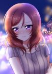  1girl bead_necklace beads blush closed_mouth commentary_request highres jewelry light_frown lights lips looking_away love_live! love_live!_school_idol_project medium_hair necklace nishikino_maki purple_eyes red_hair ric_(fwpbox) shirt short_sleeves solo striped striped_shirt 