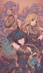  3girls alice_(sinoalice) bangs blonde_hair blue_eyes blue_hair blunt_bangs blush bracelet breasts bullet chain choker cinderella_(sinoalice) cleavage cuffs dark-skinned_female dark_skin dress earrings elbow_gloves flower gloves grin hair_flower hair_ornament hair_over_one_eye handcuffs happy highres holding holding_weapon jewelry little_red_riding_hood_(sinoalice) long_hair looking_at_viewer multiple_girls necklace open_mouth orange_eyes paimu_h pink_hair polearm purple_eyes red_eyes ribbon short_hair sidelocks sinoalice smile tiara weapon 