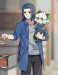  2boys animal_ears black_hair black_pants blue_eyes blue_shirt blurry blurry_background cat_boy cat_ears child collared_shirt food green_eyes grey_shirt holding holding_food long_hair luoxiaohei medium_hair multiple_boys pants rkp shadow shirt the_legend_of_luo_xiaohei very_long_hair white_hair wuxian_(the_legend_of_luoxiaohei) 