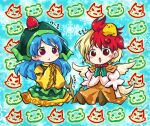  2girls :&lt;&gt; :o animal_on_head apron arms_up bird bird_on_head blonde_hair blue_background blue_hair blush_stickers brown_skirt chibi chick christmas dress fake_antlers food food_on_head fruit fruit_on_head green_apron green_headwear green_neckwear hands_in_opposite_sleeves haniyasushin_keiki holly hood kicchou_yachie layered_dress long_hair long_sleeves looking_at_viewer multicolored_hair multiple_girls niwatari_kutaka object_on_head on_head otter_spirit_(touhou) patterned_background pote_(ptkan) puffy_short_sleeves puffy_sleeves purple_eyes red_hair red_neckwear shirt short_sleeves sitting skirt snowflake_background strawberry touhou translated two-tone_hair very_long_hair white_shirt wolf_spirit_(touhou) yellow_dress 