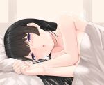  1girl absurdres bangs bed bed_sheet black_hair blue_eyes blush breasts cleavage collarbone dated highres indoors long_hair looking_at_viewer lying medium_breasts naked_sheet nijisanji nude on_pillow on_side open_mouth pillow signature solo sweat temari_rin tsukino_mito under_covers upper_body virtual_youtuber 