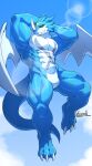  2021 abs anthro bandai_namco blue_body blue_skin cloud detailed_background digimon digimon_(species) exveemon hi_res horn kamyuelo male mammal muscular muscular_anthro muscular_male pecs sky solo wings 