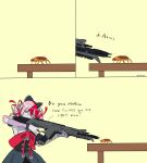  1girl apex_legends assault_rifle bandaged_arm bandages bangs black_bow bow bug ch@osyukari cockroach double_bun dress english_commentary english_text from_side grey_hair gun hair_bow heterochromia highres holding holding_gun holding_weapon hololive hololive_indonesia huge_bow insect kureiji_ollie looking_down multicolored_hair pink_hair profanity r-301_carbine red_bow red_eyes red_hair rifle solo table torn_clothes torn_dress twitter_username virtual_youtuber weapon wide-eyed wrist_bow yellow_eyes zombie 