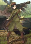  1girl black_hair boots brown_eyes brown_footwear camouflage girls_und_panzer ground_vehicle gun hat highres imperial_japanese_army kakimoto_nao katana knee_boots long_hair military military_vehicle motor_vehicle nishi_kinuyo rifle sandbag solo sword tank tree type_38_rifle uniform vehicle_request weapon 