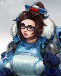  1girl armor black-framed_eyewear blue_gloves breasts brown_eyes brown_hair english_commentary fur_collar glasses gloves grey_background highres john_crayton large_breasts lips mei_(overwatch) nose overwatch overwatch_2 short_hair short_ponytail shoulder_armor snowball_(overwatch) solo thick_eyebrows upper_body 