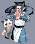  2boys animal_ears black_hair blue_eyes cat_boy cat_ears covering_mouth dated floating_hair green_eyes grey_background hands_up highres long_hair luoxiaohei medium_hair multiple_boys short_sleeves simple_background the_legend_of_luo_xiaohei twitter_username upper_body vox white_hair wuxian_(the_legend_of_luoxiaohei) 