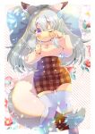  1girl ;3 animal_ear_fluff animal_ears bangs blush breasts brown_skirt cleavage cleavage_cutout closed_mouth clothing_cutout diagonal_stripes eyebrows_visible_through_hair feet_out_of_frame flower fox_ears fox_girl fox_tail grey_hair grey_legwear hair_between_eyes hand_up high-waist_skirt indie_virtual_youtuber knees_together_feet_apart kouu_hiyoyo long_hair lying medium_breasts on_back one_eye_closed pillow piper_rose plaid plaid_skirt ponytail puffy_short_sleeves puffy_sleeves purple_eyes red_flower rubbing_eyes shirt short_sleeves skirt sleepy solo striped striped_background tail thighhighs very_long_hair waking_up white_flower white_shirt 