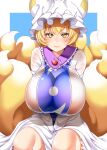  1girl animal_ears blonde_hair blue_background blush breasts dress feet_out_of_frame fox_ears fox_tail frills hat huge_breasts light_smile looking_at_viewer multiple_tails pillow_hat short_hair simple_background sitting solo tabard tail touhou white_dress wildcat_(kusonemi) yakumo_ran yellow_eyes 