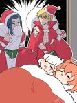  1girl 3boys abs black_hair blonde_hair blush eyebrows_visible_through_hair fate/grand_order fate_(series) fujimaru_ritsuka_(female) gilgamesh_(fate) hat long_hair long_sleeves luoxiaohei medium_hair multiple_boys open_mouth orange_hair outline rkp santa_costume santa_hat short_hair sleeping smile tattoo the_legend_of_luo_xiaohei under_covers white_hair white_outline wuxian_(the_legend_of_luoxiaohei) 