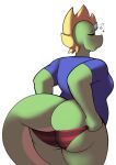  anthro big_butt big_tail blonde_hair blue_clothing bottomwear breasts butt clothed clothing digitalpelican dragon dressing eyes_closed female green_body hair hi_res horn panties partially_clothed pattern_bottomwear pattern_clothing pattern_panties pattern_underwear rear_view sasha_(digitalpelican) scalie shirt side_boob solo spiky_hair standing striped_bottomwear striped_clothing striped_panties striped_underwear stripes t-shirt thick_thighs tired topwear underwear 