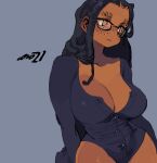  1girl absurdres arms_behind_back black-framed_eyewear black_hair black_leotard breasts cleavage dark-skinned_female dark_skin english_commentary facing_viewer forehead freckles gigi_(whoopsatro) glasses grey_background highres large_breasts leotard long_sleeves original partially_unbuttoned red_eyes solo thick_eyebrows very_dark_skin whoopsatro 