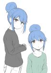  1girl absurdres alternate_eye_color bangs black_sweater blue_hair closed_mouth commentary_request eyebrows_visible_through_hair from_side full_body green_shirt hair_between_eyes hair_bun hands_together head_tilt highres light_blush long_hair long_sleeves looking_at_viewer multiple_views n2midori orange_eyes pants parted_lips partially_colored pocket shima_rin shirt simple_background smile standing sweater upper_body white_background white_pants yurucamp 