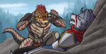  anthro armor blood bodily_fluids canid canine canis dinosaur dromaeosaurid duo hi_res lancer:_the_knights_of_fenris male mammal meme pauldron reptile rolf_garret scalie theropod think_mark_think! tim_nielsen utahraptor webcomic wolf yuta_(lancer) 