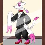 business_suit classy clothing collar collar_tag fancy_clothing female feral hand_on_hip hi_res high_heels looking_at_mirror looking_at_object mammal mienshao mirror misu_nox nintendo pok&eacute;mon pok&eacute;mon_(species) pok&eacute;mon_mystery_dungeon raised_heel reallydarkandwindie shiny_pok&eacute;mon sleeves smile smirk solo standing stylish suit video_games wanderlust 