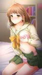  1girl bangs bedroom blush bra breasts brown_eyes brown_hair closed_mouth collarbone collared_shirt doukyuusei_another_world eyebrows_visible_through_hair frilled_bra frills game_cg green_skirt hand_in_panties indoors kakyuusei large_breasts long_hair long_sleeves masturbation miniskirt mochida_mahoko navel official_art open_clothes open_skirt panties pink_bra pink_panties pleated_skirt sailor_collar sailor_shirt school_uniform self_fondle shiny shiny_hair shirt sitting skirt solo underwear yellow_neckwear yellow_sailor_collar yellow_shirt 