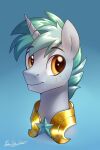  2021 2:3 absurd_res ambiguous_form armor blue_background bust_portrait english_text equid equine eyebrow_through_hair eyebrows fan_character freckles friendship_is_magic fur green_mane hair hasbro hi_res horn icon jedayskayvoker looking_at_viewer male mammal mane my_little_pony onyx_warden portrait royal_guard_(mlp) signature simple_background smile solo text translucent translucent_hair unicorn white_body white_fur yellow_eyes 