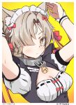  1girl alternate_costume animal_ears attoyamada azur_lane bell blonde_hair blush braid breasts cat_ears cat_girl cleavage collar french_braid hair_over_one_eye highres jingle_bell looking_at_viewer maid maid_headdress medium_breasts ribbon sheffield_(azur_lane) short_hair solo yellow_eyes 