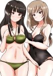  1girl 2girls bangs bikini black_eyes black_hair black_ribbon black_swimsuit blunt_bangs blush breasts brown_eyes brown_hair cleavage closed_mouth commentary eyebrows_visible_through_hair girls_und_panzer green_bikini groin hair_ribbon halterneck hand_in_hair highres large_breasts long_hair looking_at_viewer low-tied_long_hair mature_female meiya multiple_girls navel nishizumi_shiho o-ring o-ring_bikini one-piece_swimsuit ribbon shimada_chiyo side-by-side simple_background smile solo standing straight_hair swimsuit white_background 