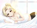  1girl artist_name azur_lane backlighting bare_shoulders bike_shorts blonde_hair breasts brown_eyes bunker_hill_(azur_lane) commentary commission curtains english_commentary hair_intakes hair_ornament hairclip large_breasts long_hair looking_at_viewer lying on_bed on_side pillow ponytail repost_notice smile solo spaghetti_strap strap_slip vickie_(cryingrobot) window 