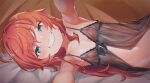  1girl ahoge armpits babydoll bare_shoulders blanket blue_eyes grin highres ichinose_kazuki konnyaku_(kk-monmon) lingerie long_hair looking_at_viewer lying navel nipples on_side original outstretched_arms red_hair see-through smile solo stomach under_covers underwear underwear_only 