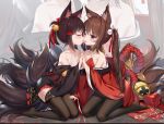  2girls akagi-chan_(azur_lane) amagi-chan_(azur_lane) animal_ear_fluff animal_ears azur_lane bangs bare_shoulders bell black_hair black_kimono black_legwear blush brown_hair chinese_commentary closed_eyes commentary_request fox_ears fox_girl fox_tail full_body hair_bell hair_ornament hair_ribbon hand_on_another&#039;s_thigh highres holding_hands hong_bai japanese_clothes kimono kyuubi long_hair long_sleeves looking_at_another multiple_girls multiple_tails no_shoes pantyhose purple_eyes red_kimono red_ribbon ribbon rope shimenawa short_eyebrows short_hair tail thick_eyebrows thighhighs tongue tongue_out twintails very_long_hair wide_sleeves yuri zoom_layer 