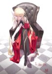  1girl bare_shoulders black_legwear blonde_hair boots crossed_legs dress elbow_gloves gloves hair_ornament hairclip hand_on_own_cheek hand_on_own_face high_heel_boots high_heels highres holding holding_clothes holding_dress kiss-shot_acerola-orion_heart-under-blade kizumonogatari long_dress long_hair looking_down monogatari_(series) neg_(101neg) pantyhose pointy_ears red_dress sitting sleeveless sleeveless_dress very_long_hair white_footwear white_gloves yellow_eyes 