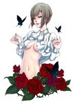  1girl aiso_kai black_butterfly breasts brown_hair bug butterfly check_commentary cleavage commentary_request eyelashes flower highres insect kate_ashley looking_at_viewer navel parted_lips partial_commentary red_flower red_garden red_rose revealing_clothes rose shirt short_hair simple_background solo standing thorns unbuttoned white_background white_shirt 