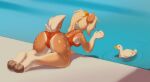  anatid anseriform anthro ass_up avian bird blonde_hair butt camel_toe cervid clothing cloven_hooves duck feet female fluffy fluffy_tail genital_outline hair hi_res hooves kneeling mammal one-piece_swimsuit ponytail pussy_outline soles solo spots swimwear underhoof waspsalad water 