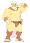  anthro armpit_hair body_hair bovid bovine bulge cape cattle clothed clothing facial_hair flexing fur hair hi_res jockstrap looking_at_viewer male mammal melee_weapon mtraon muscular muscular_anthro muscular_male partially_clothed smile solo sword underwear weapon white_hair yellow_body yellow_fur 