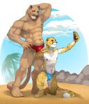  anthro beach blush bulge cellphone cheetah clothed clothing cougar day duo felid feline fur gesture hi_res kneeling male male/male mammal mtraon muscular muscular_male on_one_knee outside palm_tree phone plant sand seaside selfie skimpy smartphone smile speedo spots spotted_body spotted_fur standing swimwear tan_body tan_fur tree v_sign yellow_body yellow_fur 