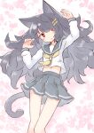  1girl :o absurdres animal_ears arm_up bangs black_hair blush cat_ears cat_girl cat_tail commentary_request eyebrows_visible_through_hair feet_out_of_frame floral_background grey_sailor_collar grey_skirt hair_ornament hair_over_one_eye hairclip hand_up head_tilt highres ichi long_hair long_sleeves neckerchief original parted_lips pleated_skirt red_eyes sailor_collar shirt skirt solo tail very_long_hair white_background white_shirt yellow_neckwear 