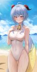  1girl absurdres ahoge bangs bare_arms bare_shoulders beach bell biya_(1024) blue_sky breasts casual_one-piece_swimsuit covered_navel day eyebrows_visible_through_hair flying_sweatdrops ganyu_(genshin_impact) genshin_impact hair_between_eyes hand_on_own_chest highres holding horns innertube long_hair looking_at_viewer low_ponytail medium_breasts mountainous_horizon ocean one-piece_swimsuit outdoors purple_eyes sky smile solo swimsuit thigh_gap thighs very_long_hair water 