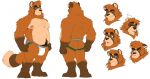  anthro body_hair brown_body brown_fur bulge butt canid canine chest_tuft clothing dipstick_tail expressions fluffy fluffy_tail fur green_eyes happy_trail jockstrap male mammal mtraon multicolored_tail musclegut muscular muscular_anthro muscular_male pubes raccoon_dog slightly_chubby smile solo standing tanuki tuft underwear 