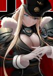  1girl azur_lane bangs bismarck_(azur_lane) bismarck_(coat_of_arms) black_cape black_dress blonde_hair blue_eyes breasts cape cleavage closed_mouth coat_of_arms commentary_request dress eyebrows_visible_through_hair flag_background fur-trimmed_cape fur_trim gloves hair_between_eyes hat highres interlocked_fingers large_breasts long_hair long_sleeves looking_at_viewer medal military military_uniform oshida_bob peaked_cap red_cape sidelocks smile solo standing uniform upper_body 