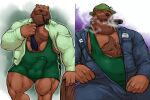  2012 3:2 5_fingers anthro athelstan balls_outline beard biceps biped blue_clothing body_hair brown_bear brown_body brown_fur brown_nose bulge chest_hair cigar clothed clothing digital_drawing_(artwork) digital_media_(artwork) erection facial_hair fangs fingers fur genital_outline green_clothing grisser grizzly_bear hair hairy hat headgear headwear hi_res looking_at_viewer male mammal mature_anthro mature_male multiple_images musclegut muscular muscular_anthro muscular_male mustache necktie open_mouth overalls partially_clothed penis_outline shaded simple_background sitting slightly_chubby smoke smoke_from_mouth smoking smoking_pipe solo standing suit teeth tongue topwear undressing ursid ursine wrestling_singlet yellow_eyes 